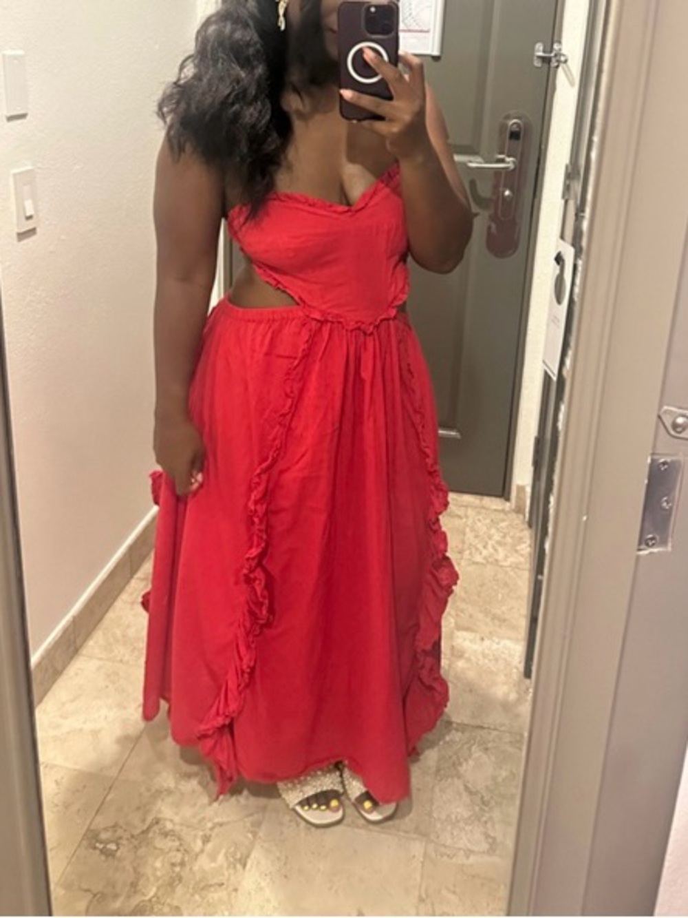 100% Cotton FARM Rio Scarlet Ruffle Cutout Maxi Dress - Picture 8 of 13